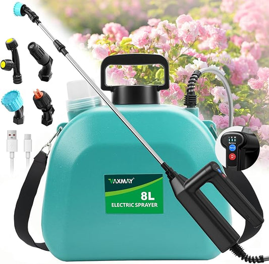 Battery Powered Sprayer 2 Gallon, 2025 Upgrade Electric Sprayer with 3 Adjustable Speed, Battery Indicator, 4 Mist Nozzles, Rechargeable Retractable Wand with Adjustable Shoulder Strap for Lawn Garden