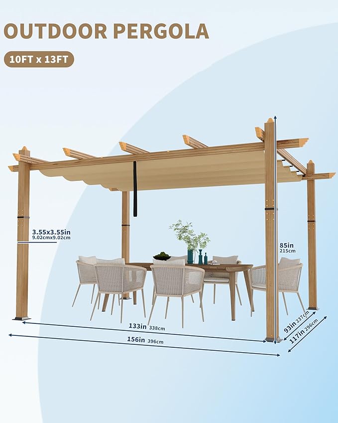 Garvee 10x13 Ft Outdoor Pergola with Retractable Canopy Upgraded Aluminum Faux Wood Grain Patio Pergola for Modern Backyard Deck Porch Grape Trellis(Khaki)