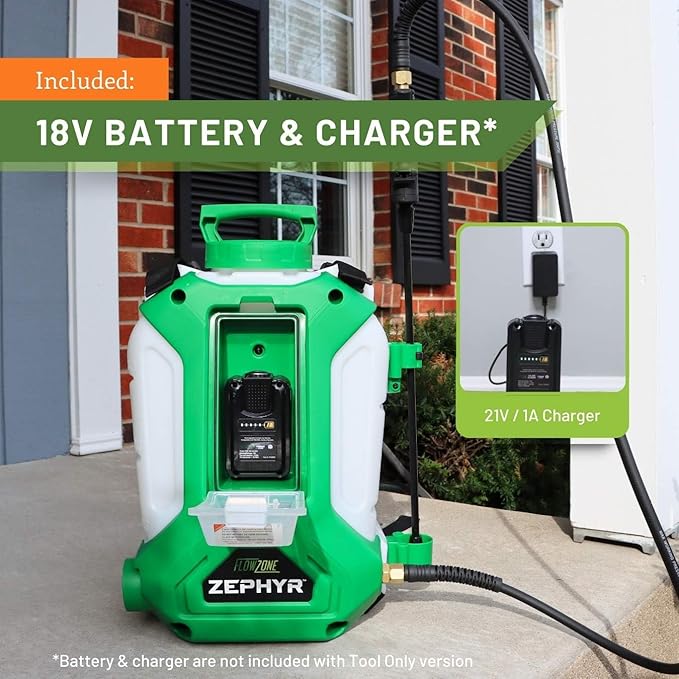 FlowZone Zephyr Flow Optimized QuickSwap Compatible Battery Powered Backpack Sprayer - 4 Gallon Electric Sprayer for Lawn, Garden, Pest Control (Battery + Charger Included)