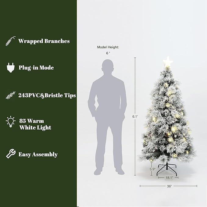 LuxenHome 6FT Flocked Christmas Tree, Christmas Tree with Lights, Pine Cones and Red Berries, White Artificial Trees with 100 LED Lights, 243 PVC and Bristle Tips for Living Room, Entryway Decor