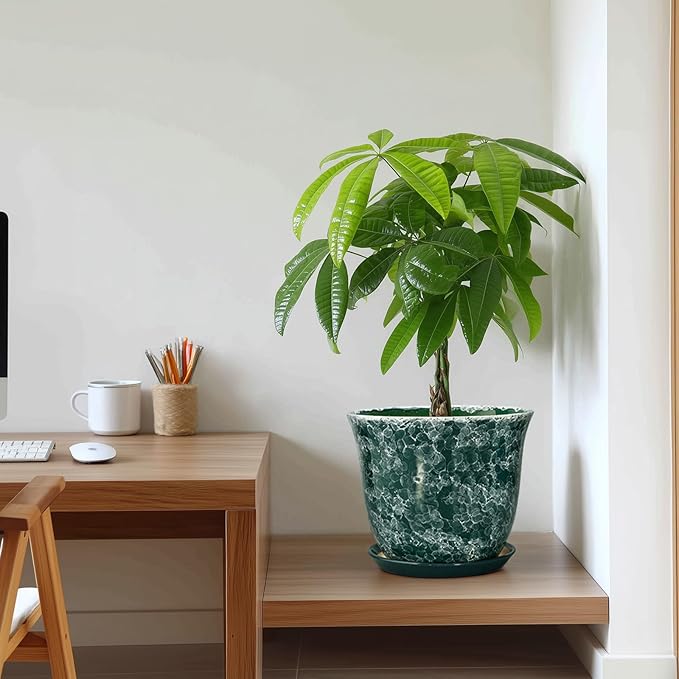 Ceramic Plant Pots - 10 Inch Plant Pot for Indoor Outdoor, Round Planter with Drainage Hole and Tray, Decorative Flower Pots, Modern Planters, Home Patio Garden Decor, Garden Gifts, Green