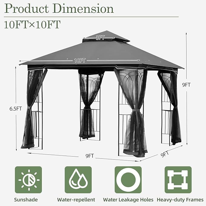ECOTOUGE Outdoor Gazebo 10'x10', Heavy Duty Canopy Tent with Soft Double Roofs & Metal Corner Frame Shelves, Party Tent Shelter with Mosquito Netting for Patio, Deck, Backyard, Grey