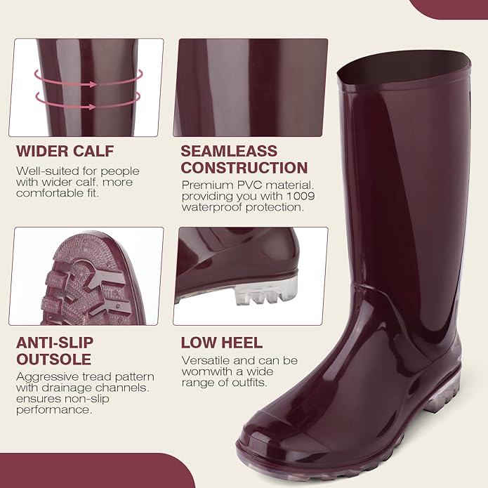 DaeRainy Tall Rain Boots for Women, Knee High Waterproof Slip On Garden Boots