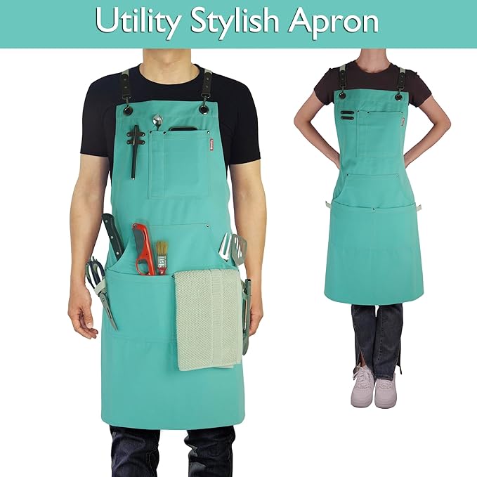 5 Pack Kitchen Apron, Work Apron, Canvas, Multiple Pockets, Gardening, Painting, BBQ, Artist, Carpenter, Sizes M to XXL, Ice Blue