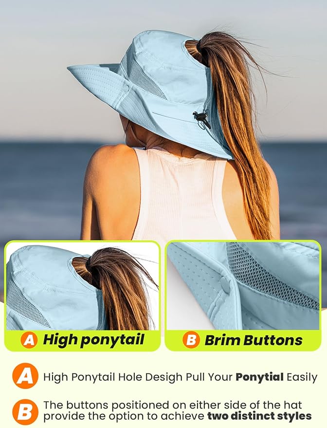 EW EastWater Beach Sun Bucket Hats for Women,UV Protection High Ponytail Hole UPF 50+ Waterproof for Hiking Safari Fishing
