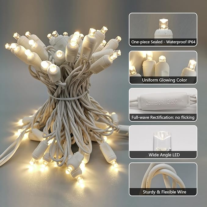 Christmas Lights 50 LED 17FT Commercial Mini LED String Lights, 120V UL, White Wire Xmas Lights for Indoor & Outdoor Use, Holiday Party Decorations,Trees, Light Displays (Warm White)