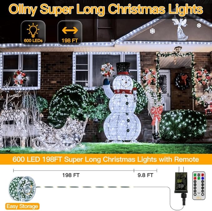 Ollny Christmas Lights, 198 FT 600 LED Outdoor Waterproof Plug in Christmas Tree Lights with 8 Modes Remote Timer, String Lights for House Yard Outside Indoor Xmas Decorations White