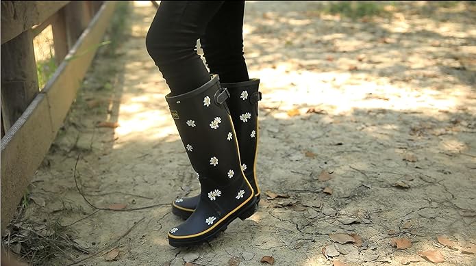 Rongee Rain Boots for Women Waterproof Garden Outdoor Mud Boots Printed with Adjustable Buckle
