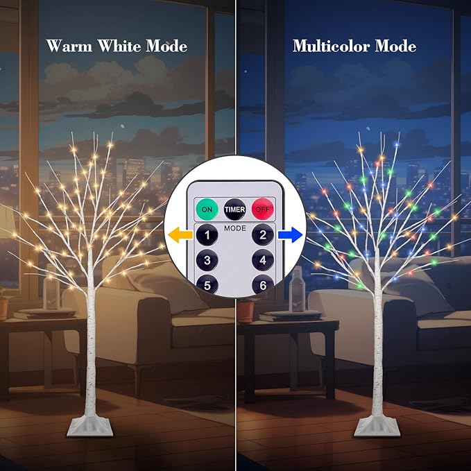 4FT Lighted Birch Tree with 60 LED Warm White and Multicolor Lights, 8 Modes, Timer Remote Faux Prelit Twig Christmas Tree with Lights for Indoor Outdoor Xmas Holiday Party Decoration