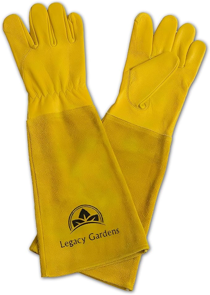 Leather Gardening Gloves for Women & Men, Long Garden Gloves, Cowhide Gauntlet Rose Pruning Thorn Resistant, Forearm Protection, XL, Yellow