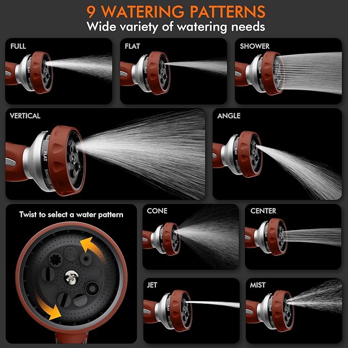RESTMO Hose Nozzle Heavy Duty, Metal Water Hose Sprayer for Garden, 9 Spray Patterns | High Pressure | Thumb Flow Control | On/Off Valve, Ideal for Lawn & Plant Watering, Car & Pet Washing, Red