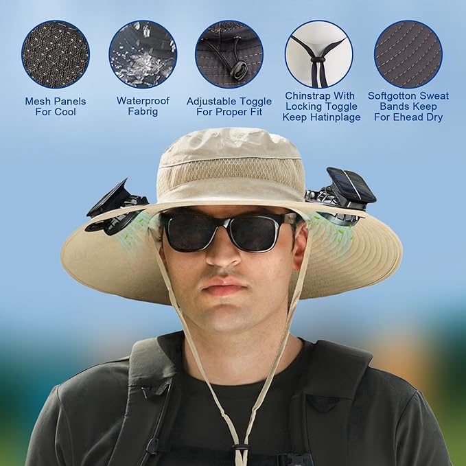Solar Fan Hat, Wide Brim Sun Cap with 2 Solar Sun Protection Fans, USB and Solar Powered Fan Hat