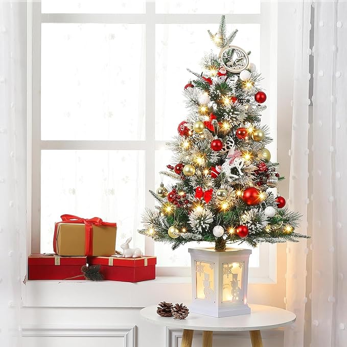 3ft Christmas Tree Pre-Lit Artificial Christmas Tree with Vintage Potted Base, Flocked Snow 78 Warm White LED Lights 8 Lighting Modes, Xmas Holiday Decor for Home, Entrances