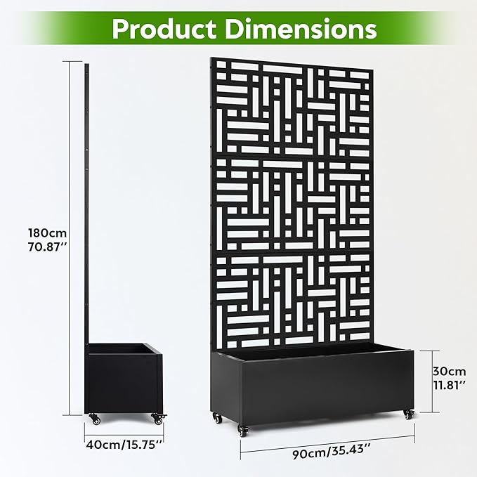Metal Planter Box with Trellis,71”Raised Garden Bed with Trellis Privacy Screen and Drainage.Wheeled for Patio Flexibility,for Climbing Veggies/Flowers.DIY-Friendly Design