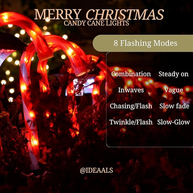 IDEAALS 24-Pack Solar Christmas Candy Cane Lights, Solar Pathway Lights Waterproof, Christmas Decorations Outdoor with 8 Modes for Party Patio Garden Lawn Yard Decor