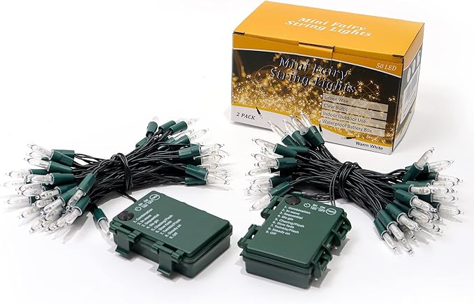 WATERGLIDE 2 Pack 50 LED Outdoor Christmas Lights, 16FT Battery Operated Mini String Lights with 8 Modes & Timer, Xmas Tree Lights Waterproof for Patio Garden Party Wedding Holiday Decor, Warm White