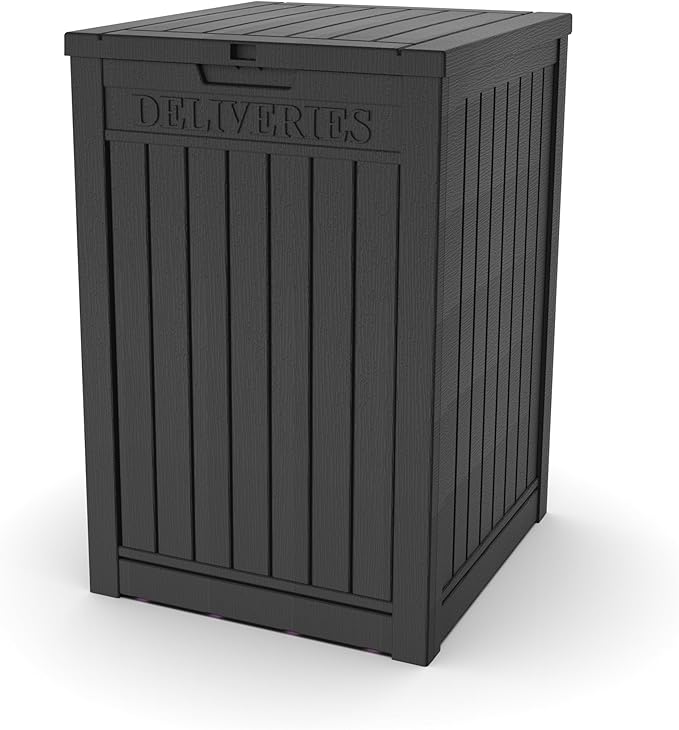 55 Gallon Black Resin Deck Box - Lockable, Waterproof Outdoor Storage for Packages & Patio Essentials - Rustproof Utility Box with Handles for Porches, Pools & Backyards