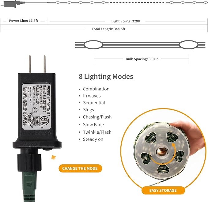 LJLNION 1000 LED Fairy String Lights, 328FT Long Outdoor Christmas Lights, Waterproof IP65 Green PVC Copper Wire Lights, 8 Lighting Modes Plug in for Xmas Tree Holiday Party Wedding Decor, Warm White