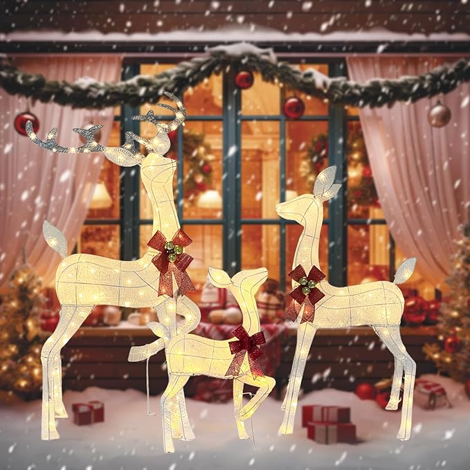 55" Outdoor Lighted Reindeer Christmas Decorations, 3-Piece Reindeer Family Set with 240 LEDs, Bells, Red Bows, Durable Weatherproof Metal Frame for Yard, Garden, Indoor Holiday Decor, White