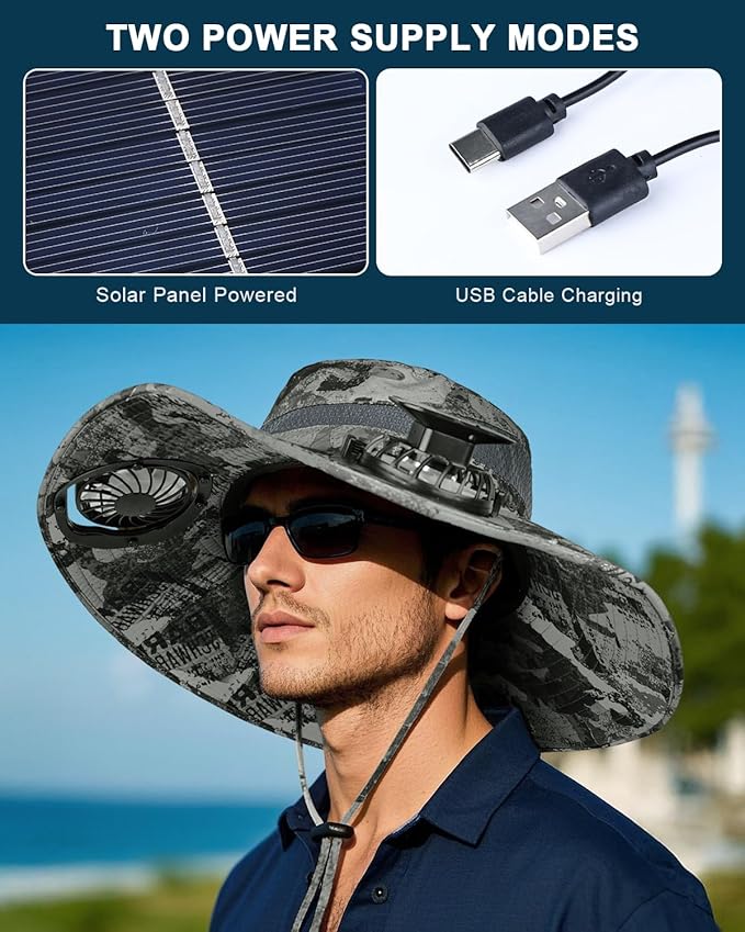Wide Brim Sun Hat with 2 Solar Fan, Sun Bucket Hat for Men Women, UPF 50+ Bucket Fishing & Beach Hat with Fan