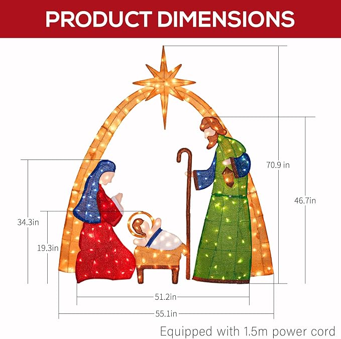 Hykolity 6FT 2.5D Nativity Scene Lighted Outdoor Christmas Decoration, 210 Warm White LEDs with Outdoor Transformer, Stained-Glass Fabric Figures & 5ft Pull Cord, Yard Decor