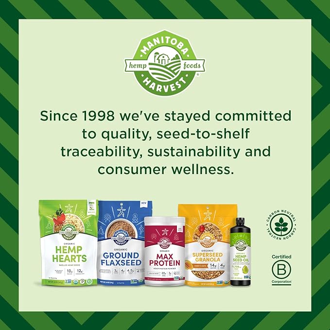 Manitoba Harvest Organic Hemp Seeds, 18oz, 10g Plant Based Protein and 12g Omega 3 & 6 per Srv, smoothies, yogurt & salad, Non-GMO, Vegan, Keto, Paleo, Gluten Free