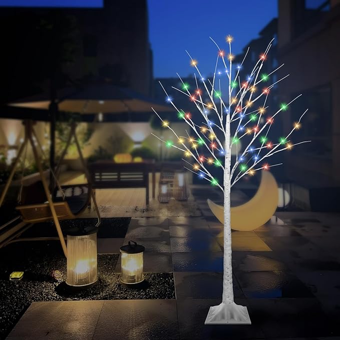5FT Lighted Birch Tree with 90 LED Warm White and Multicolor Lights, 8 Modes, Timer Remote Faux Light Up Twig Christmas Tree for Indoor Outdoor Xmas Holiday Party Garden Decoration (2 Pack)