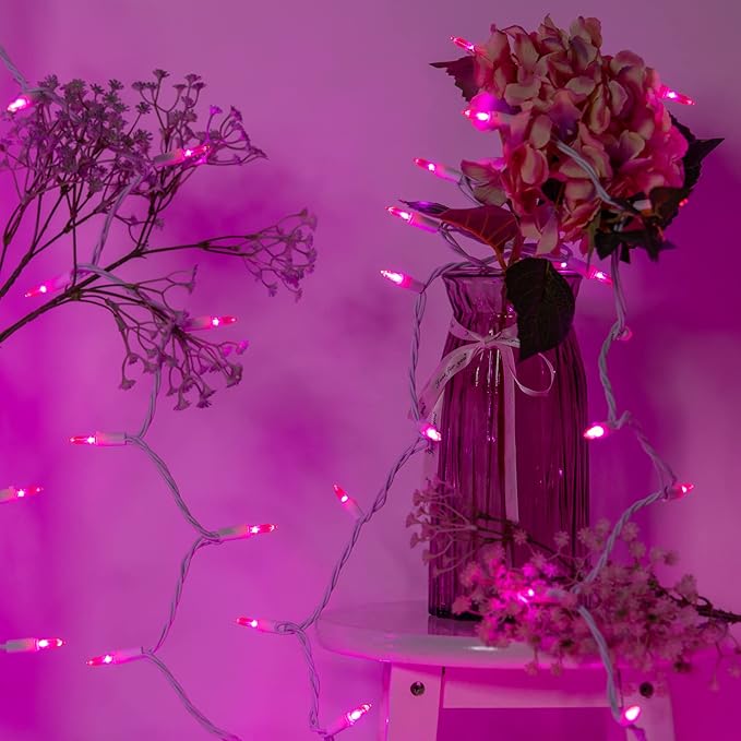 YULETIME 200 Pink LED Christmas Lights, 66 Feet White Wire UL Certified Commercial Grade Holiday String Light Set