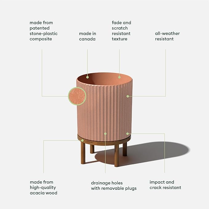 Veradek Demi Series Round Planter w/Stand for Porch/Patio | Durable Plastic-Stone Composite & Wooden Stand | Modern Décor for Tall Plants, Flowers