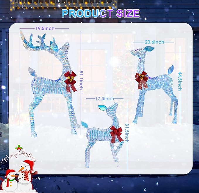 50" Outdoor Lighted Iridescent Reindeer Christmas Decorations, 3-Piece Reindeer Family Set with 210 LEDs, Ground Stakes, Durable Weatherproof Metal Frame for Yard, Garden, Indoor Holiday Decor