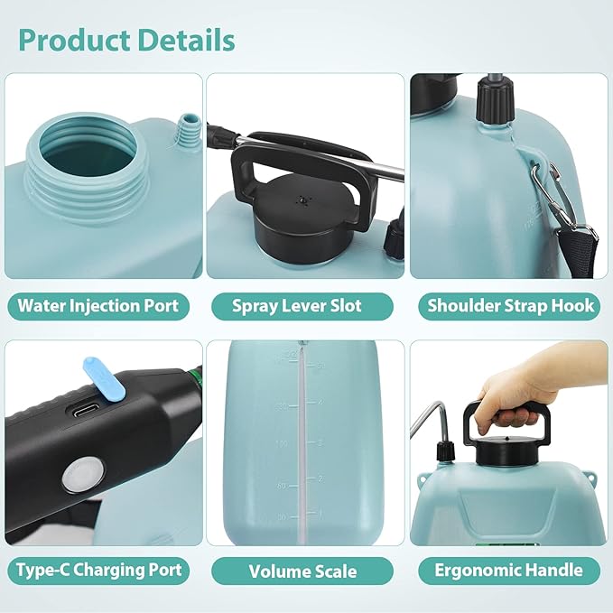 1.35 Gallon/5L Battery Powered Electric Sprayer with USB Rechargeable Handle, Portable Garden Sprayer with 23.6" Telescopic Wand, 3 Mist Nozzles and Adjustable Shoulder Strap