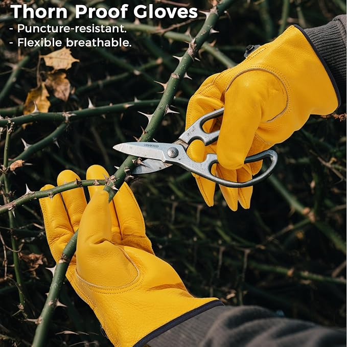 Leather Work Gloves, Reinforced Durable Gardening Gloves,Cowhide Work Gloves,Puncture & Cut Resistant