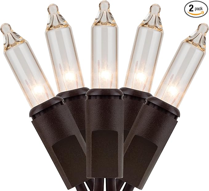 YULETIME 200 Clear Christmas Lights with Brown Wire, Pack of 2 Strands of 21 ft 100 Count UL Certified Incandescent Mini String Light (Clear - Brown Wire)
