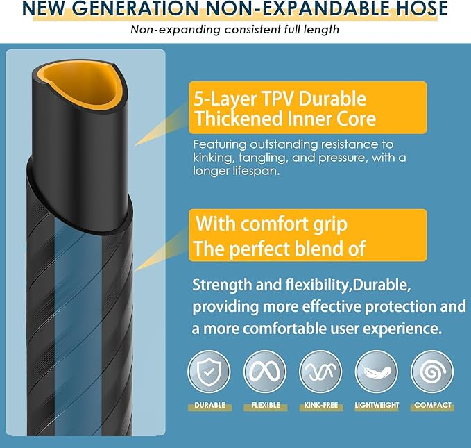 Heavy Duty Non-Expanding Garden Hose 100ft - Durable Reinforced Water Hose with Leak-Proof Construction ， Kink-Resistant, TPV material, 10-Function Spray Nozzle, 3/4" Connector & Portable Strap（100FT)