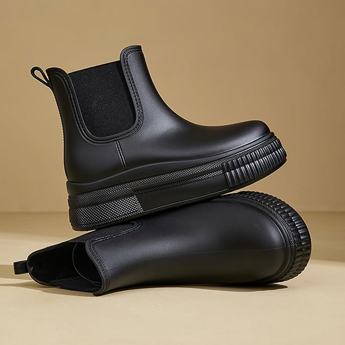 Women's PVC Chunky Platform Ankle Rain Boots Waterproof Slip On Anti-slip Chelsea Boots Comfort Wide-leg Elastic Band Outdoor Rubber Garden Work Rain Boots For Yard Farm
