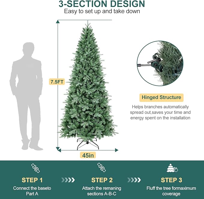 6 FT Artificial Skinny Christmas Tree,Unlit Blue Spruce Slim Pencil Xmas Tree with 1205 PE&PVC Mixed Branch Tips,Hinged Pine Tree with Metal Stand for Home Office Décor