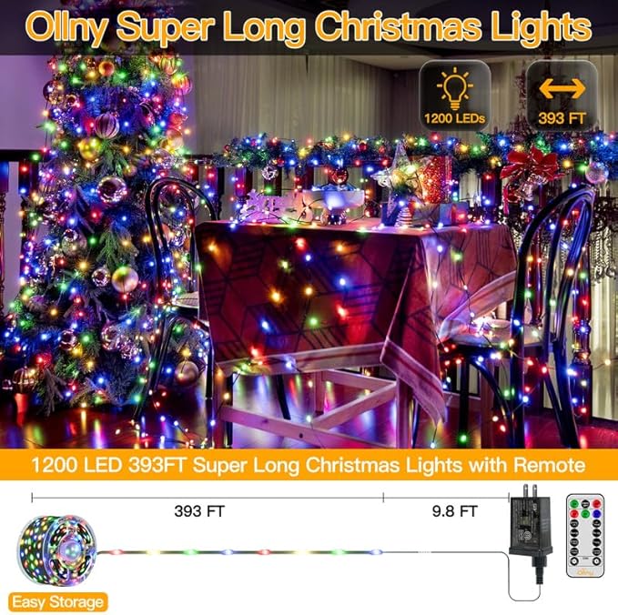 Ollny Christmas Lights Outdoor, 393FT 1200 LED IP67 Waterproof Christmas Tree Lights with 8 Modes Remote Timer, String Lights for House Yard Outside Indoor Xmas Decorations Multicolor