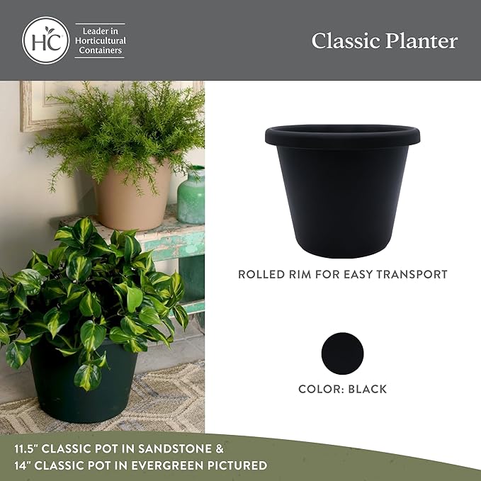 The HC Companies Classic Round Plastic Plant Pot w/Rolled Rim - Lightweight & UV Resistant Flower Pot for Herbs & More - Outdoor & Indoor Plant Pots w/Drainage (14 inch Black, Pack of 2)