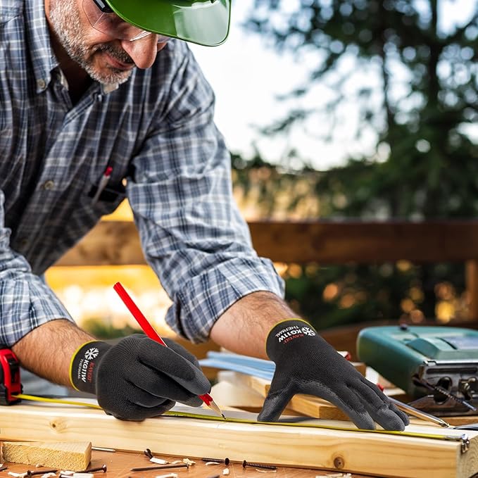 KAYGO Winter Work Gloves for Men and Women, 12 Pairs Thermal Insulated Safety Work Gloves PU Coated, Smooth Grip on Palm & Fingers,Ideal for Freezer Work,Black,L