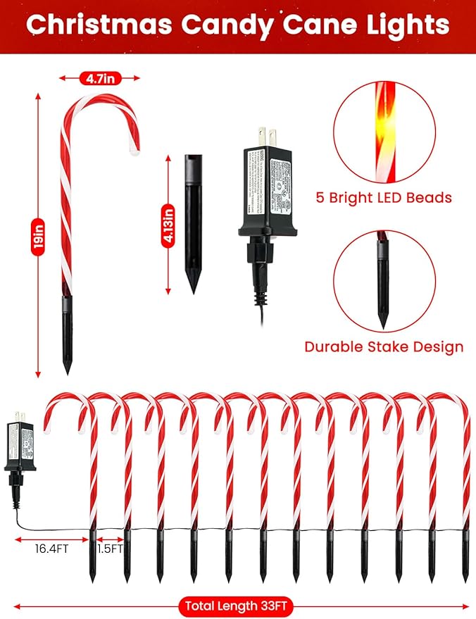 BOSSERN 24 Pack Christmas Candy Cane Lights Plug in, Jumbo Candy Cane Light Waterproof, 8 Modes Christmas LED Decorations for Outdoor, Pathway Lights Plug in for Garden Lawn Yard Patio Decorations