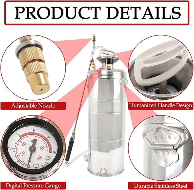 Hand Pump Sprayer Stainless Steel Sprayer for Indoor and Outdoor 3 Gallon Sprayer 20 in Wand 3 FT Hose