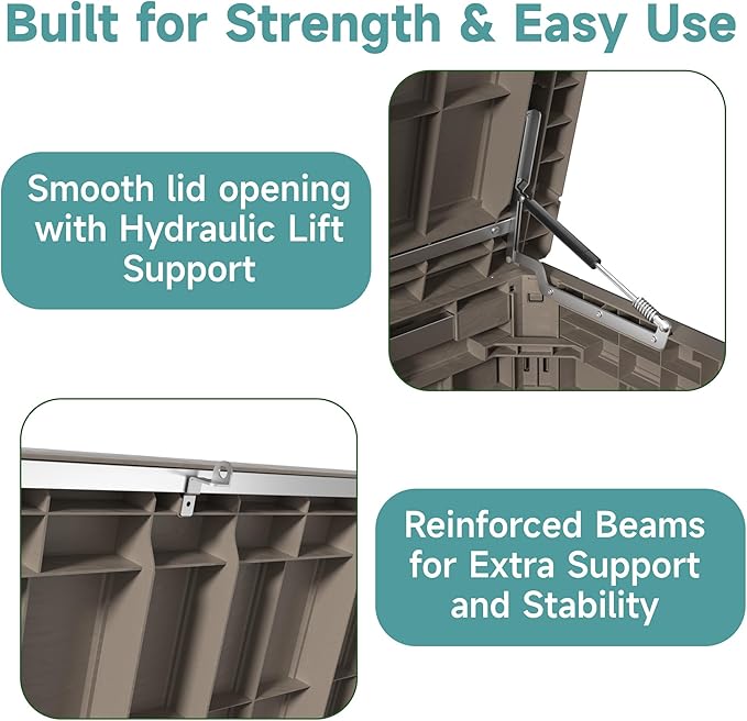 230 Gallon Waterproof Outdoor Storage Box, UV Resistant Resin Deck Box with Hydraulic Rod for Reinforced Stability, Perfect for Patio, Garden, and Pool, Grey