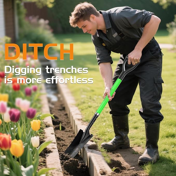 HIGHLIGHT Spade Shovel, Transplanting Spade, Drain Spade, Spade Shovels for Digging, Sharp Shooter Shovel or Spade, 45Inch, Stell D-Grip,Fiberglass Handle, Green