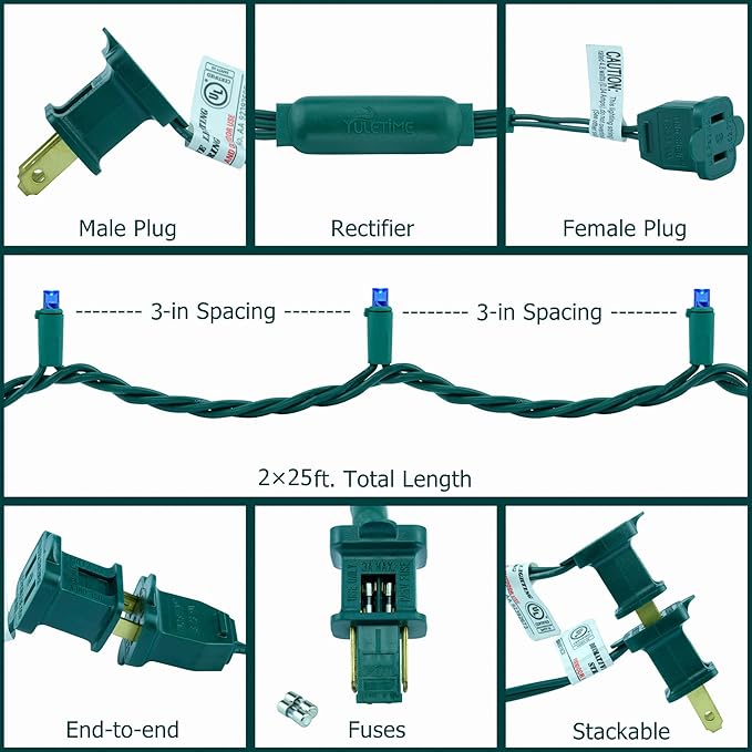 YULETIME Blue Wide Angle LED Christmas Lights 200 Count 50 ft, Pack of 2 Strands 25 ft 100 Lights UL Certified Commercial Grade String Light Set (Blue)