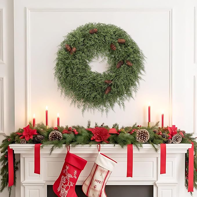 24 inch Christmas Wreath for Front Door, Real Touch Cedar Wreath with Pinecones Large Christmas Door Wreaths Artificial Hanging Pine Wreath for Xmas Indoor Outdoor Windows Holiday Decorations
