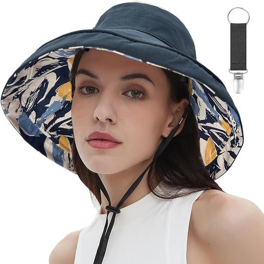vidsel Womens Sun Hats Wide Brim Reversible Bucket Cotton Hat Packable Summer Travel Cap with Hat Clip,UV Protection