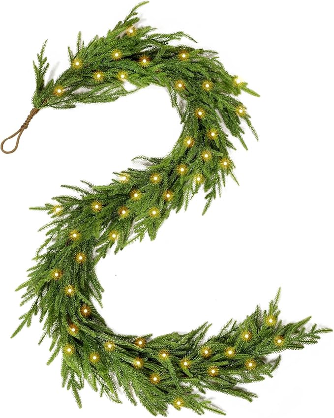 WBHome 6ft Pre-lit Real Touch Norfolk Pine Prelit Christmas Garland, Winter Greenery Garland for Christmas, Holiday Seasonal Outdoor/Indoor Home Decor