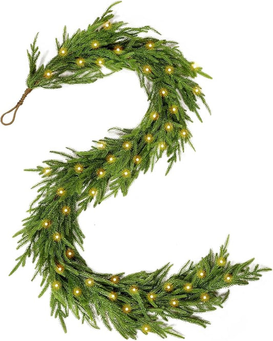 WBHome 6ft Pre-lit Real Touch Norfolk Pine Prelit Christmas Garland, Winter Greenery Garland for Christmas, Holiday Seasonal Outdoor/Indoor Home Decor