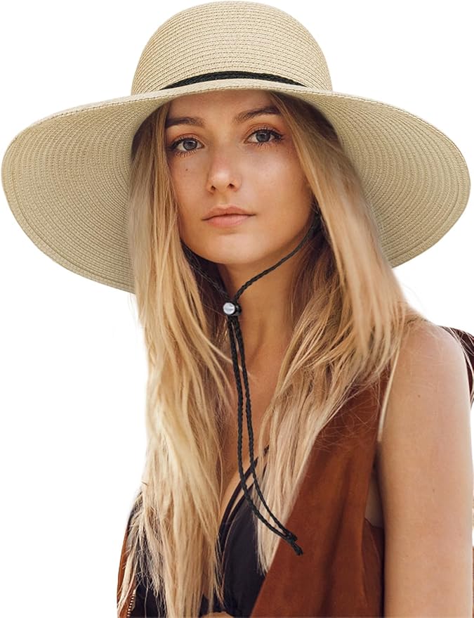 Senker Fashion Sun Hats for Women, Wind Lanyard Wide Brim Straw Hat for Summer Beach Garden Vacation Foldable UPF 50+