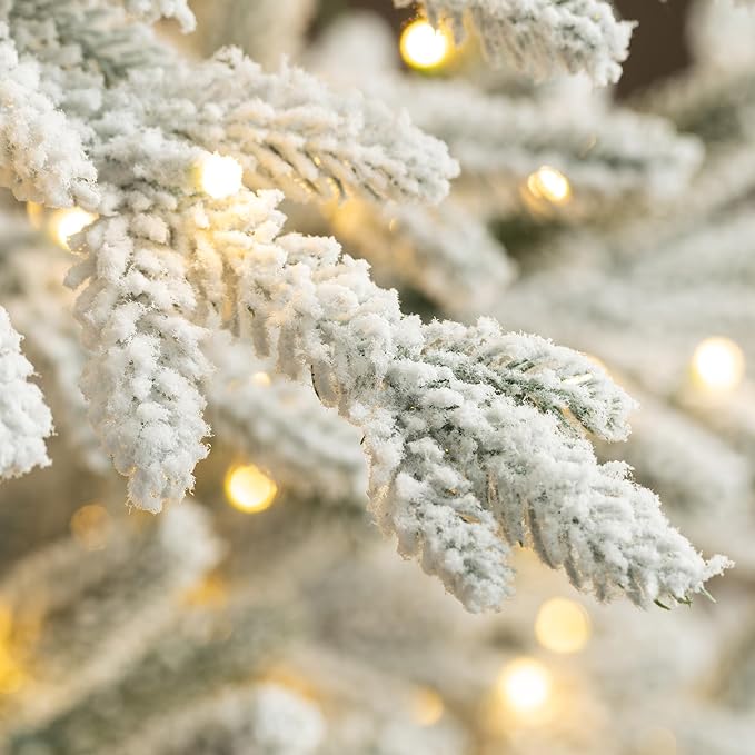 Glitzhome 7ft Deluxe Pre-Lit Flocked Artificial Christmas Tree Serene Snowscape Fir for Home, Office, Party Decoration with 400 Warm White Lights, Metal Hinges & Base, Easy Assembly